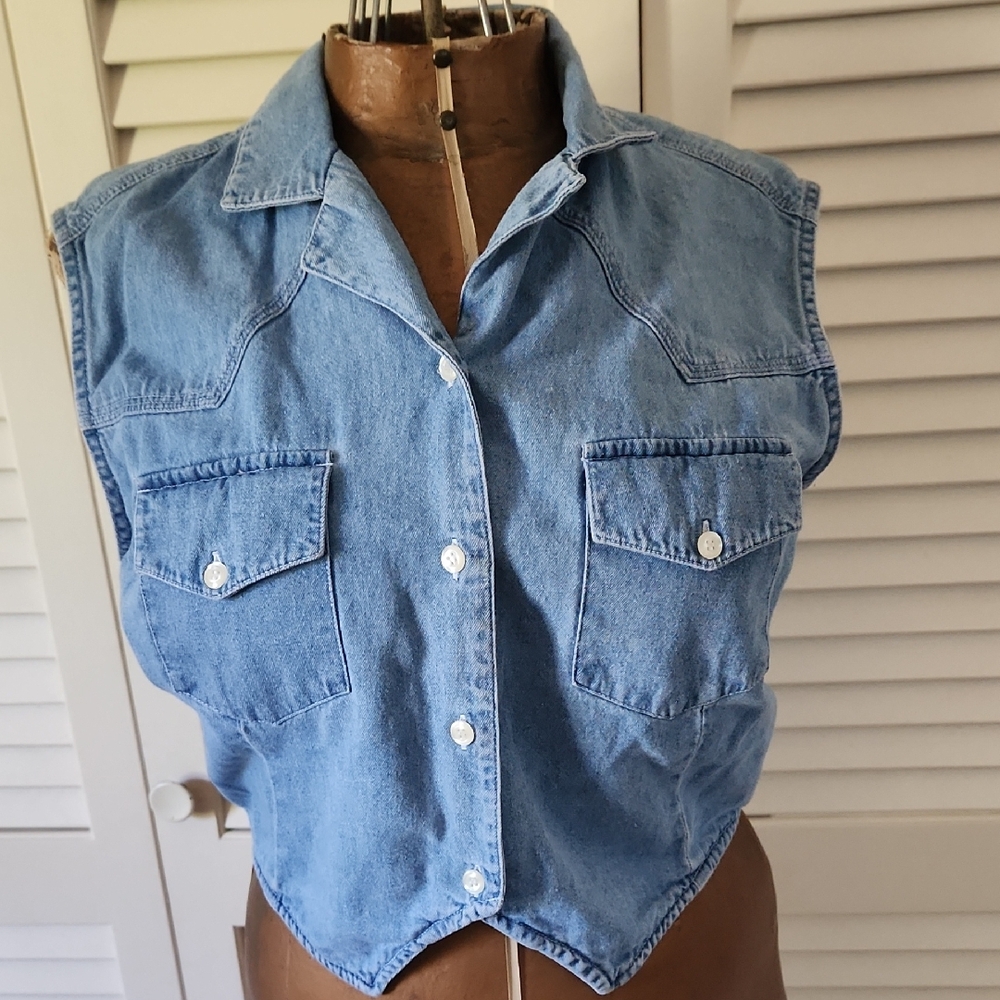 Bonjour Vintage Light Blue Denim Cut Out Cropped Vest